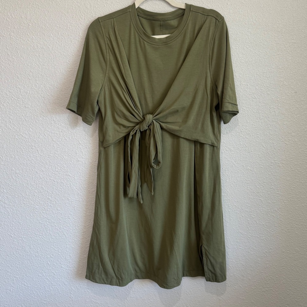 Lululemon Olive Green Cotton Front Tie Short Sleeve T-Shirt Mini Dress Lounge‎